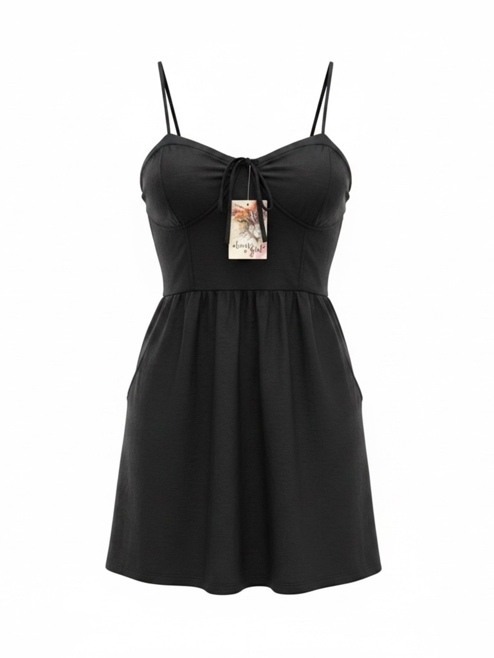 NWT About A Girl Black Spaghetti-Strap Romper with Tie Front